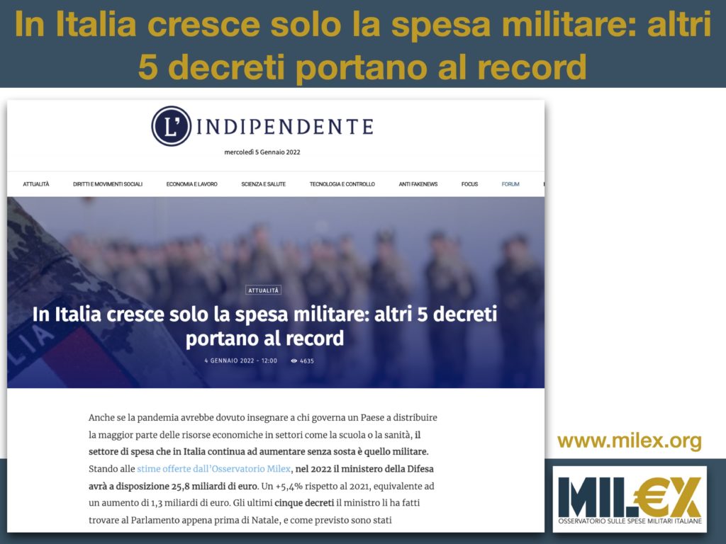 In Italia cresce solo la spesa militare: altri 5 decreti portano al record