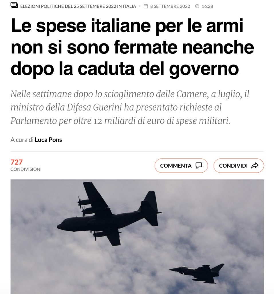 Le spese italiane per le armi non si sono fermate neanche dopo la caduta del governo