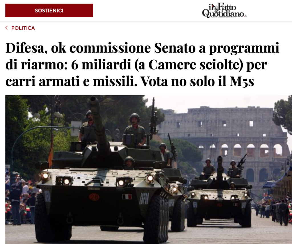 Difesa, ok commissione Senato a programmi di  riarmo: 6 miliardi (a Camere sciolte) per carri armati e missili. Vota  no solo il M5s